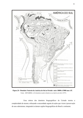 44




 Figura 24 - Domínios Naturais da América do Sul no Período entre 18000 a 13000 anos AP.
             Fonte: AB’SABER, A. Os domínios morfo-climáticos na América do Sul (1977).




                 Essa síntese dos domínios biogeográficos do Cerrado mostra a
complexidade do mesmo, reforçando a necessidade urgente de ações que visem à preservação
de seus subsistemas, integrando às demais regiões biogeográficas do Brasil e continente.
 