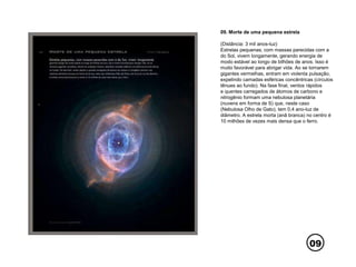 09
09. Morte de uma pequena estrela
(Distância: 3 mil anos-luz)
Estrelas pequenas, com massas parecidas com a
do Sol, vivem longamente, gerando energia de
modo estável ao longo de bilhões de anos. Isso é
muito favorável para abrigar vida. Ao se tornarem
gigantes vermelhas, entram em violenta pulsação,
expelindo camadas esféricas concêntricas (círculos
tênues ao fundo). Na fase final, ventos rápidos
e quentes carregados de átomos de carbono e
nitrogênio formam uma nebulosa planetária
(nuvens em forma de S) que, neste caso
(Nebulosa Olho de Gato), tem 0,4 ano-luz de
diâmetro. A estrela morta (anã branca) no centro é
10 milhões de vezes mais densa que o ferro.
 