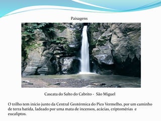 Cascata do Salto do Cabrito - São Miguel
Paisagens
O trilho tem início junto da Central Geotérmica do Pico Vermelho, por um caminho
de terra batida, ladeado por uma mata de incensos, acácias, criptomérias e
eucaliptos.
 