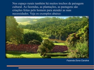 Nos espaço rurais também há muitos trechos de paisagem
cultural. As fazendas, as plantações, as pastagens são
criações feitas pelo homem para atender as suas
necessidades. Veja os exemplos abaixo:
Fazenda Dona Carolina
 