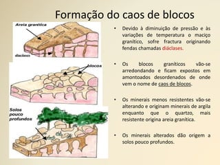 Formação do caos de blocos
• Devido à diminuição de pressão e às
variações de temperatura o maciço
granítico, sofre fractura originando
fendas chamadas diáclases.
• Os blocos graníticos vão-se
arredondando e ficam expostos em
amontoados desordenados de onde
vem o nome de caos de blocos.
• Os minerais menos resistentes vão-se
alterando e originam minerais de argila
enquanto que o quartzo, mais
resistente origina areia granítica.
• Os minerais alterados dão origem a
solos pouco profundos.
 
