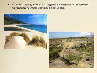 As dunas litorais, com a sua vegetação característica, constituem outra paisagem sedimentar típica do nosso país.Modelado CársicoO modelado cársico é o mais típico e inconfundível relevo de origem sedimentar.Ocorre em zonas de maciços calcários.À superfície apresenta um aspecto característico – os campos de lapiás.