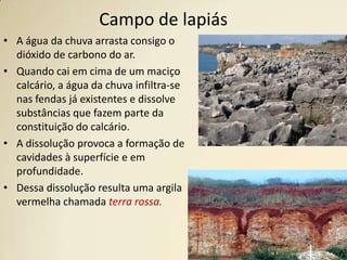 Quando cai em cima de um maciço calcário, a água da chuva infiltra-se nas fendas já existentes e dissolve substâncias que fazem parte da constituição do calcário.