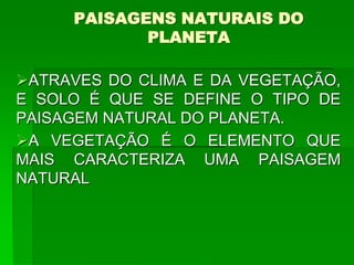 PAISAGENS NATURAIS DO
PLANETA
ATRAVES DO CLIMA E DA VEGETAÇÃO,
E SOLO É QUE SE DEFINE O TIPO DE
PAISAGEM NATURAL DO PLANETA.
A VEGETAÇÃO É O ELEMENTO QUE
MAIS CARACTERIZA UMA PAISAGEM
NATURAL
 