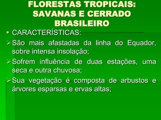 FLORESTAS TROPICAIS:
SAVANAS E CERRADO
BRASILEIRO
 CARACTERÍSTICAS:
São mais afastadas da linha do Equador,
sobre intensa insolação;
Sofrem influência de duas estações, uma
seca e outra chuvosa;
Sua vegetação é composta de arbustos e
árvores esparsas e ervas altas;
 