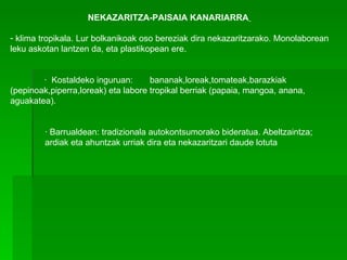 NEKAZARITZA-PAISAIA   KANARIARRA   klima tropikala. Lur bolkanikoak oso bereziak dira nekazaritzarako. Monolaborean leku askotan lantzen da, eta plastikopean ere.                ·  Kostaldeko inguruan:       bananak,loreak,tomateak,barazkiak (pepinoak,piperra,loreak) eta labore tropikal berriak (papaia, mangoa, anana, aguakatea). · Barrualdean: tradizionala autokontsumorako bideratua. Abeltzaintza; ardiak eta ahuntzak urriak dira eta nekazaritzari daude lotuta 