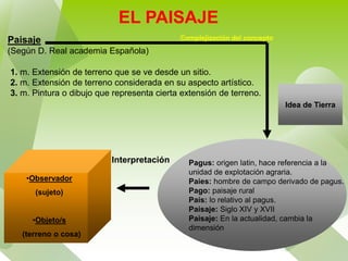 EL PAISAJE
1. m. Extensión de terreno que se ve desde un sitio.
2. m. Extensión de terreno considerada en su aspecto artís...