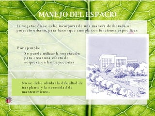 MANEJO DEL ESPACIO La vegetación se debe incorporar de una manera deliberada al proyecto urbano, para hacer que cumpla con funciones específicas   Por ejemplo: Se puede utilizar la vegetación para crear una efecto de sorpresa en las trayectorias No se debe olvidar la dificultad de trasplante y la necesidad de mantenimiento.  