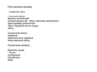 Fitxa descripció paisatge 
Localització i tipus 
Components abiòtics 
Sistema morfoclimàtic 
Característiques del relleu i elements característics 
Agent geològic predominant 
Tipus i disposició de les roques 
Clima 
Components biòtics 
Vegetació 
Disposició de la vegetació 
Altres elements biòtics 
Components antròpics 
Elements visuals 
Forma 
Configuració 
Classificació 
Estat 
 