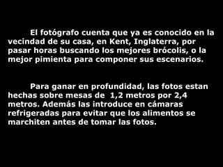El fotógrafo cuenta que ya es conocido en la vecindad de su casa, en Kent, Inglaterra, por pasar horas buscando los mejores brócolis, o la mejor pimienta para componer sus escenarios.  Para ganar en profundidad, las fotos estan hechas sobre mesas de  1,2 metros por 2,4 metros. Además las introduce en cámaras refrigeradas para evitar que los alimentos se marchiten antes de tomar las fotos.  