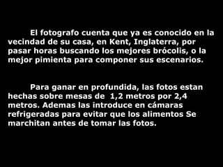 El fotografo cuenta que ya es conocido en la vecindad de su casa, en Kent, Inglaterra, por pasar horas buscando los mejores brócolis, o la mejor pimienta para componer sus escenarios.  Para ganar en profundida, las fotos estan hechas sobre mesas de  1,2 metros por 2,4 metros. Ademas las introduce en cámaras refrigeradas para evitar que los alimentos Se marchitan antes de tomar las fotos.  
