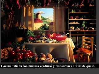 Cocina italiana con muchas verduras y macarrones. Casas de queso.  