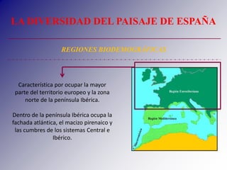 LA DIVERSIDAD DEL PAISAJE DE ESPAÑA
REGIONES BIODEMOGRÁFICAS
Característica por ocupar la mayor
parte del territorio europ...