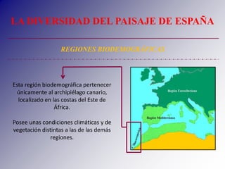LA DIVERSIDAD DEL PAISAJE DE ESPAÑA
REGIONES BIODEMOGRÁFICAS
Esta región biodemográfica pertenecer
únicamente al archipiél...