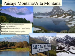 Pico Almanzor y río Tiétar.
Relieve: grandes unidades montañosas
Clima: frío, de montaña
Hidrografía: nacen grandes ríos y lagos, lagunas
glaciares
Vegetación: diferentes cliseries vegetales
Suelo: suelos inmaduros.
Picos de Europa.
Paisaje Montaña/Alta Montaña
 
