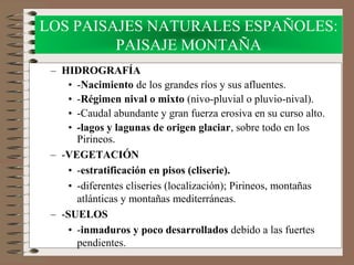 LOS PAISAJES NATURALES ESPAÑOLES:
PAISAJE MONTAÑA
– HIDROGRAFÍA
• -Nacimiento de los grandes ríos y sus afluentes.
• -Régimen nival o mixto (nivo-pluvial o pluvio-nival).
• -Caudal abundante y gran fuerza erosiva en su curso alto.
• -lagos y lagunas de origen glaciar, sobre todo en los
Pirineos.
– -VEGETACIÓN
• -estratificación en pisos (cliserie).
• -diferentes cliseries (localización); Pirineos, montañas
atlánticas y montañas mediterráneas.
– -SUELOS
• -inmaduros y poco desarrollados debido a las fuertes
pendientes.
 