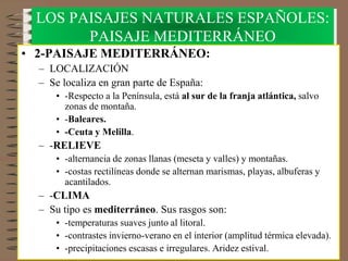LOS PAISAJES NATURALES ESPAÑOLES:
PAISAJE MEDITERRÁNEO
• 2-PAISAJE MEDITERRÁNEO:
– LOCALIZACIÓN
– Se localiza en gran parte de España:
• -Respecto a la Península, está al sur de la franja atlántica, salvo
zonas de montaña.
• -Baleares.
• -Ceuta y Melilla.
– -RELIEVE
• -alternancia de zonas llanas (meseta y valles) y montañas.
• -costas rectilíneas donde se alternan marismas, playas, albuferas y
acantilados.
– -CLIMA
– Su tipo es mediterráneo. Sus rasgos son:
• -temperaturas suaves junto al litoral.
• -contrastes invierno-verano en el interior (amplitud térmica elevada).
• -precipitaciones escasas e irregulares. Aridez estival.
 
