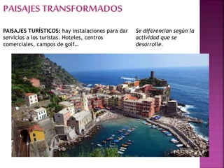 PAISAJES TRANSFORMADOS
Se diferencian según la
actividad que se
desarrolle.
PAISAJES TURÍSTICOS: hay instalaciones para dar
servicios a los turistas. Hoteles, centros
comerciales, campos de golf…
 