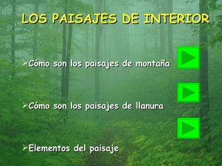 LOS PAISAJES DE INTERIOR Cómo son los paisajes de montaña Cómo son los paisajes de llanura Elementos del paisaje 