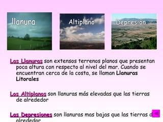 Las Llanuras  son extensos terrenos planos que presentan poca altura con respecto al nivel del mar. Cuando se encuentran cerca de la costa, se llaman  Llanuras Litorales Los Altiplanos  son llanuras más elevadas que las tierras de alrededor Las Depresiones  son llanuras mas bajas que las tierras de alrededor. llanura Altiplano Depresión 