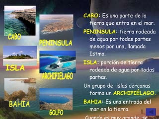 CABO :  Es una parte de la tierra que entra en el mar. PENINSULA :  tierra rodeada de agua por todas partes menos por una, llamada Istmo. ISLA :  porción de tierra rodeada de agua por todas partes.  Un grupo de  islas cercanas forma un  ARCHIPIÉLAGO. BAHIA :  Es una entrada del mar en la tierra. Cuando es muy grande, se llama  GOLFO CABO PENINSULA ISLA ARCHIPIELAGO BAHIA GOLFO 