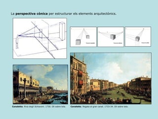La  perspectiva cònica  per estructurar els elements arquitectònics. Canaletto . Regata al gran canal. 1733-34. Oli sobre tela.  Canaletto . Riva degli Schiavoni. 1730. Oli sobre tela.  