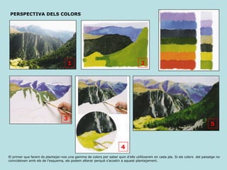 El primer que farem és plantejar-nos una gamma de colors per saber quin d’ells utilitzarem en cada pla. Si els colors  del paisatge no coincideixen amb els de l’esquema, els podem alterar perquè s’acostin a aquest plantejament. PERSPECTIVA DELS COLORS 1 2 3 4 5 