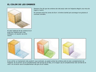 EL COLOR DE LES OMBRES Si es vol fer un tractament més acolorit i que contrasti, es poden pintar les ombres amb el color complementari de l’objecte. En el primer cas el complementari del taronja és el blau, en el segon cas el complementari del vermell és el verd i en el tercer cas el complementari del groc és el violeta. El color habitual de les ombres és el propi de l’objecte però més enfosquit, en aquest cas amb marró. Sempre s’ha dit que les ombres són del propi color de l’objecte afegint una mica de negre o marró. El contrast entre les zones de llum i d’ombra també pot aconseguir-se gràcies al contrast cromàtic. 