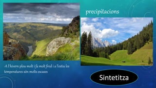·A l´hivern plou molt i fa molt fred i a l’estiu les
temperatures són molts escases
precipitacions
Sintetitza
 