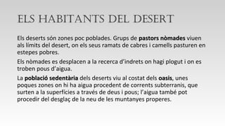 Els habitants dEl dEsErt
Els deserts són zones poc poblades. Grups de pastors nòmadespastors nòmades viuen
als límits del desert, on els seus ramats de cabres i camells pasturen en
estepes pobres.
Els nòmades es desplacen a la recerca d’indrets on hagi plogut i on es
troben pous d’aigua.
La població sedentàriapoblació sedentària dels deserts viu al costat dels oasisoasis, unes
poques zones on hi ha aigua procedent de corrents subterranis, que
surten a la superfícies a través de deus i pous; l’aigua també pot
procedir del desglaç de la neu de les muntanyes properes.
 