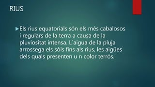 RIUS
Els rius equatorials són els més cabalosos
i regulars de la terra a causa de la
pluviositat intensa. L´aigua de la pluja
arrossega els sòls fins als rius, les aigües
dels quals presenten u n color terrós.
 