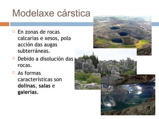 Modelaxe cárstica
 En zonas de rocas
calcarias e xesos, pola
acción das augas
subterráneas.
 Debido a disolución das
rocas.
 As formas
características son
dolinas, salas e
galerías.
 