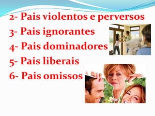 2- Pais violentos e perversos
3- Pais ignorantes
4- Pais dominadores
5- Pais liberais
6- Pais omissos
 