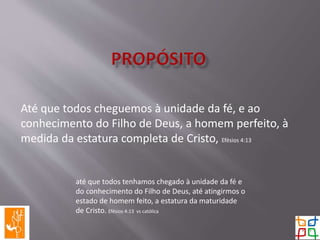 até que todos tenhamos chegado à unidade da fé e
do conhecimento do Filho de Deus, até atingirmos o
estado de homem feito, a estatura da maturidade
de Cristo. Efésios 4:13 vs católica
Até que todos cheguemos à unidade da fé, e ao
conhecimento do Filho de Deus, a homem perfeito, à
medida da estatura completa de Cristo, Efésios 4:13
 