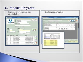 Ingresos proyectos con sus propiedades. Costos por proyectos. . 
