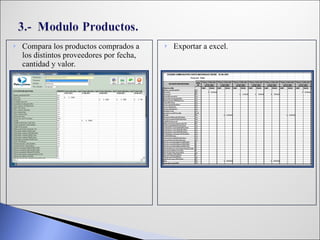 Compara los productos comprados a los distintos proveedores por fecha, cantidad y valor. Exportar a excel. . 