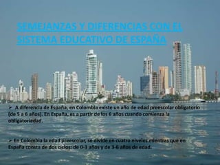 SEMEJANZAS Y DIFERENCIAS CON EL
   SISTEMA EDUCATIVO DE ESPAÑA




 A diferencia de España, en Colombia existe un año de edad preescolar obligatorio
(de 5 a 6 años). En España, es a partir de los 6 años cuando comienza la
obligatoriedad.


 En Colombia la edad preescolar, se divide en cuatro niveles mientras que en
España consta de dos ciclos: de 0-3 años y de 3-6 años de edad.
 