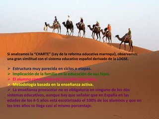 Si analizamos la “CHARTE” (Ley de la reforma educativa marroquí), observamos
una gran similitud con el sistema educativo español derivado de la LOGSE.

 Estructura muy parecida en ciclos o etapas.
 Implicación de la familia en la educación de sus hijos.
 El alumno como centro de la acción educativa.
 Metodología basada en la enseñanza activa.
 La enseñanza preescolar no es obligatoria en ninguno de los dos
sistemas educativos, aunque hay que señalar que en España en las
edades de los 4-5 años está escolarizado el 100% de los alumnos y que en
los tres años se llega casi al mismo porcentaje.
 