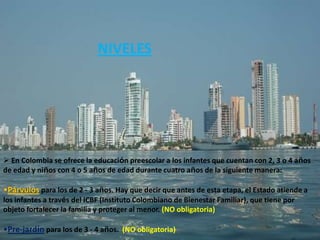 NIVELES




 En Colombia se ofrece la educación preescolar a los infantes que cuentan con 2, 3 o 4 años
de edad y niños con 4 o 5 años de edad durante cuatro años de la siguiente manera:

•Párvulos para los de 2 - 3 años. Hay que decir que antes de esta etapa, el Estado atiende a
los infantes a través del ICBF (Instituto Colombiano de Bienestar Familiar), que tiene por
objeto fortalecer la familia y proteger al menor. (NO obligatoria)

•Pre-jardín para los de 3 - 4 años. (NO obligatoria)
 