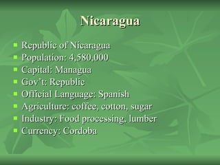 Nicaragua Republic of Nicaragua Population: 4,580,000 Capital: Managua Gov’t: Republic Official Language: Spanish Agriculture: coffee, cotton, sugar Industry: Food processing, lumber Currency: Cordoba 