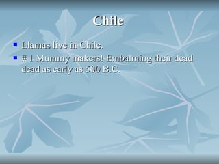 Chile  Llamas live in Chile. # 1 Mummy makers! Embalming their dead dead as early as 500 B.C. 