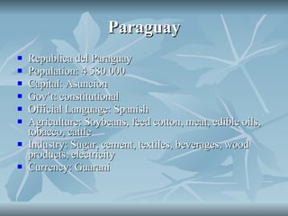 Paraguay Republica del Paraguay Population: 4 580 000 Capital: Asuncion Gov’t: constitutional Official Language: Spanish Agriculture: Soybeans, feed cotton, meat, edible oils, tobacco, cattle Industry: Sugar, cement, textiles, beverages, wood products, electricity Currency: Guarani 