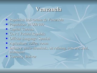 Venezuela Republica Bolivariana de Venezuela Population: 24 000 000 Capital: Caracas Gov’t: Federal Republic Official Language: Spanish Agriculture: coffee, cocoa Industry: petro-chemicals, oil refining, iron ore, steel, aluminum Currency: Bolivar 