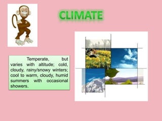 Temperate, but
varies with altitude; cold,
cloudy, rainy/snowy winters;
cool to warm, cloudy, humid
summers with occasional
showers.
 