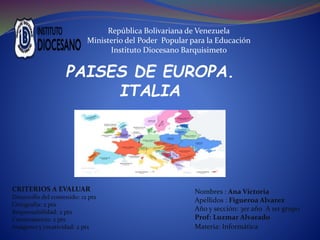 República Bolivariana de Venezuela
Ministerio del Poder Popular para la Educación
Instituto Diocesano Barquisimeto
Nombres : Ana Victoria
Apellidos : Figueroa Alvarez
Año y sección: 3er año A 1er grupo
Prof: Luzmar Alvarado
Materia: Informática
CRITERIOS A EVALUAR
Desarrollo del contenido: 12 pts
Ortografía: 2 pts
Responsabilidad: 2 pts
Conversatorio: 2 pts
Imágenes y creatividad: 2 pts
PAISES DE EUROPA.
ITALIA
 