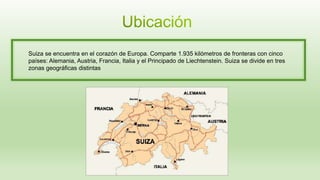 Suiza se encuentra en el corazón de Europa. Comparte 1.935 kilómetros de fronteras con cinco
países: Alemania, Austria, Francia, Italia y el Principado de Liechtenstein. Suiza se divide en tres
zonas geográficas distintas
 