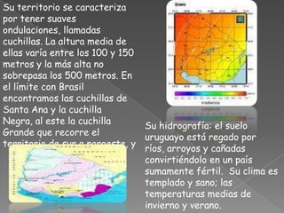 Su territorio se caracteriza por tener suaves ondulaciones, llamadas cuchillas. La altura media de ellas varía entre los 100 y 150 metros y la más alta no sobrepasa los 500 metros. En el límite con Brasil encontramos las cuchillas de Santa Ana y la cuchilla Negra, al este la cuchilla Grande que recorre el territorio de sur a noroeste, ySu hidrografía: el suelo uruguayo está regado por ríos, arroyos y cañadas convirtiéndolo en un país sumamente fértil.  Su clima es templado y sano; las temperaturas medias de invierno y verano.