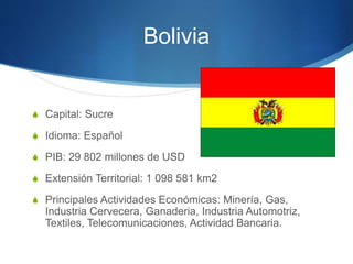Bolivia
S Capital: Sucre
S Idioma: Español
S PIB: 29 802 millones de USD
S Extensión Territorial: 1 098 581 km2
S Principales Actividades Económicas: Minería, Gas,
Industria Cervecera, Ganaderia, Industria Automotriz,
Textiles, Telecomunicaciones, Actividad Bancaria.
 