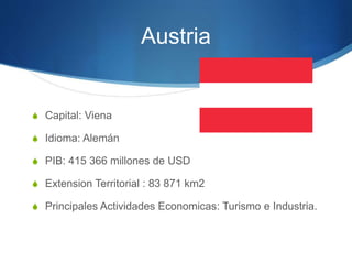 Austria
S Capital: Viena
S Idioma: Alemán
S PIB: 415 366 millones de USD
S Extension Territorial : 83 871 km2
S Principales Actividades Economicas: Turismo e Industria.
 