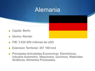 Alemania
S Capital: Berlín
S Idioma: Alemán
S PIB: 3 635 959 millones de USD
S Extension Territorial: 357 168 km2
S Principales Actividades Economicas: Electrónicos,
Industria Automotriz, Maquinaria, Químicos, Materiales
Sintéticos, Alimentos Procesados.
 